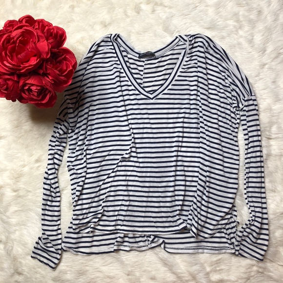 Brandy Melville Tops - Brandy Melville Navy Striped Long Sleeve V Neck